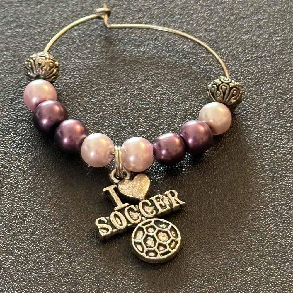 Wine glass tag, stainless steel purple/white/metal beads, Soccer charm